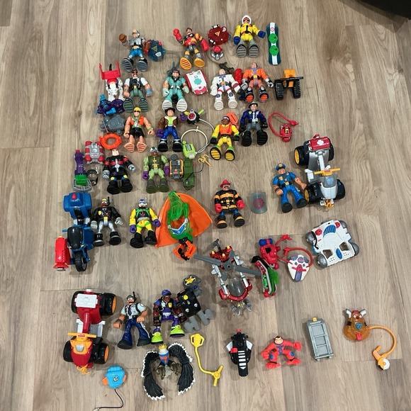 Fisher-Price Other - Vtg Fisher Price Rescue Heroes Figures Backpacks Vehicle Animals Lot 50+ Piece